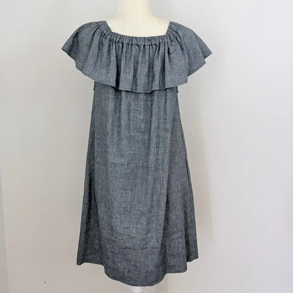 Ann Mashburn Off-The-Shoulder Ruffle Linen Blend Dress Chambray Medium